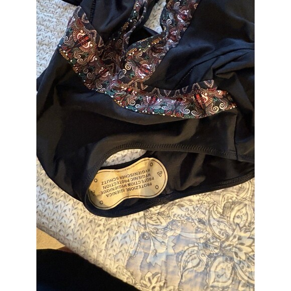 Cupshe NWT LG One Piece Black Low Plunge Halter Boho Open Back Y2K Paisley Trim - Picture 12 of 15